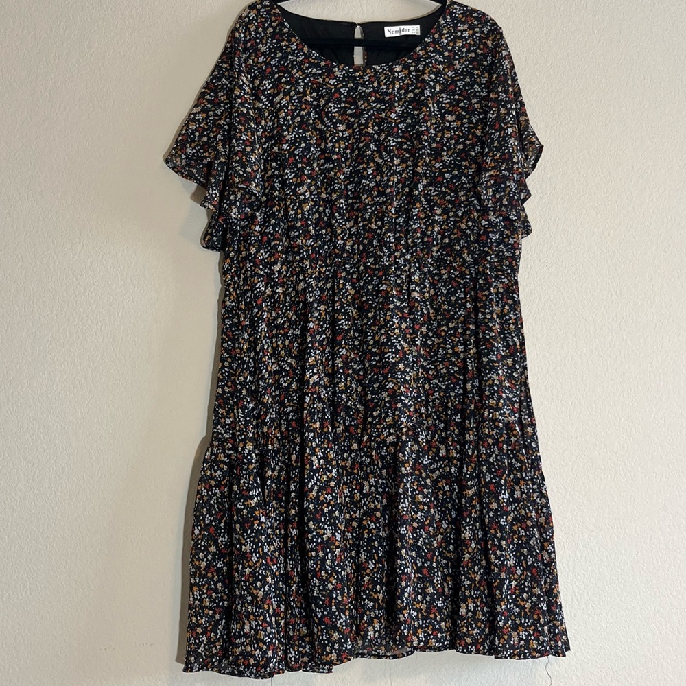 Nemidor Size 22 Navy Dress with Orange, Blue, Red, and White Flowers, Sleeves
